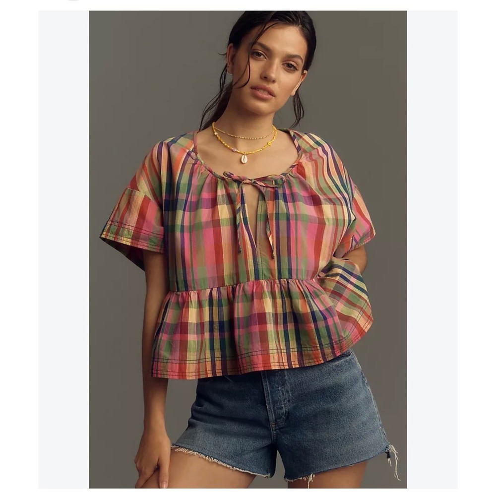 Anthropologie Pilcro The Tavi Blouse Babydoll Plaid Blouse S Boho Colorful